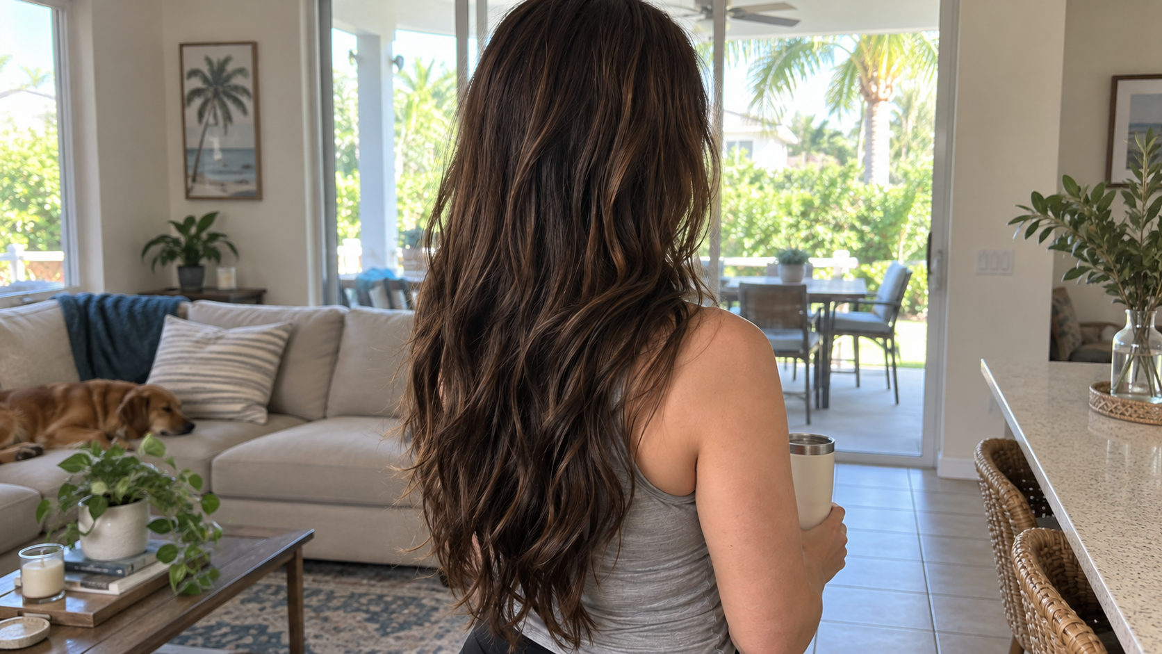 Dark brown hair with caramel highlights in soft dimensional waves