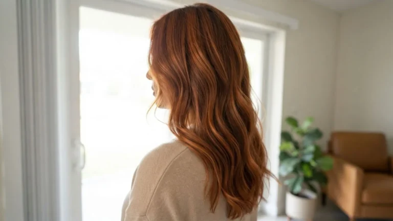 Dimensional copper hair color with soft waves viewed from the back