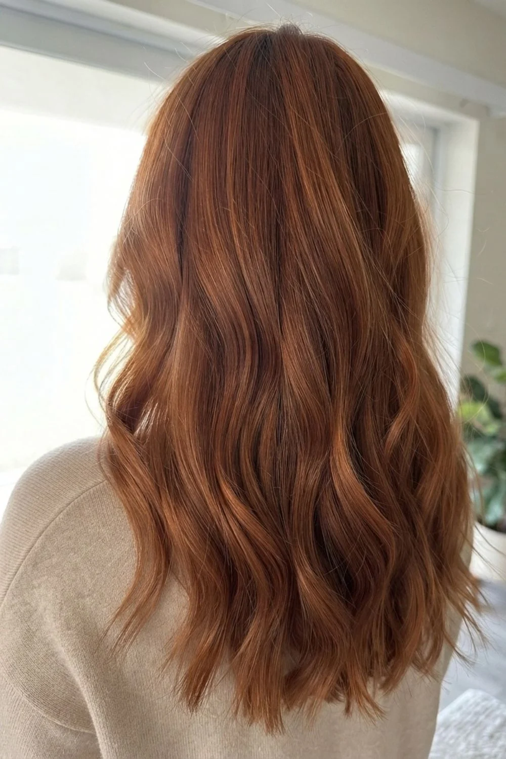 Soft natural warm copper hair with loose waves viewed from the back