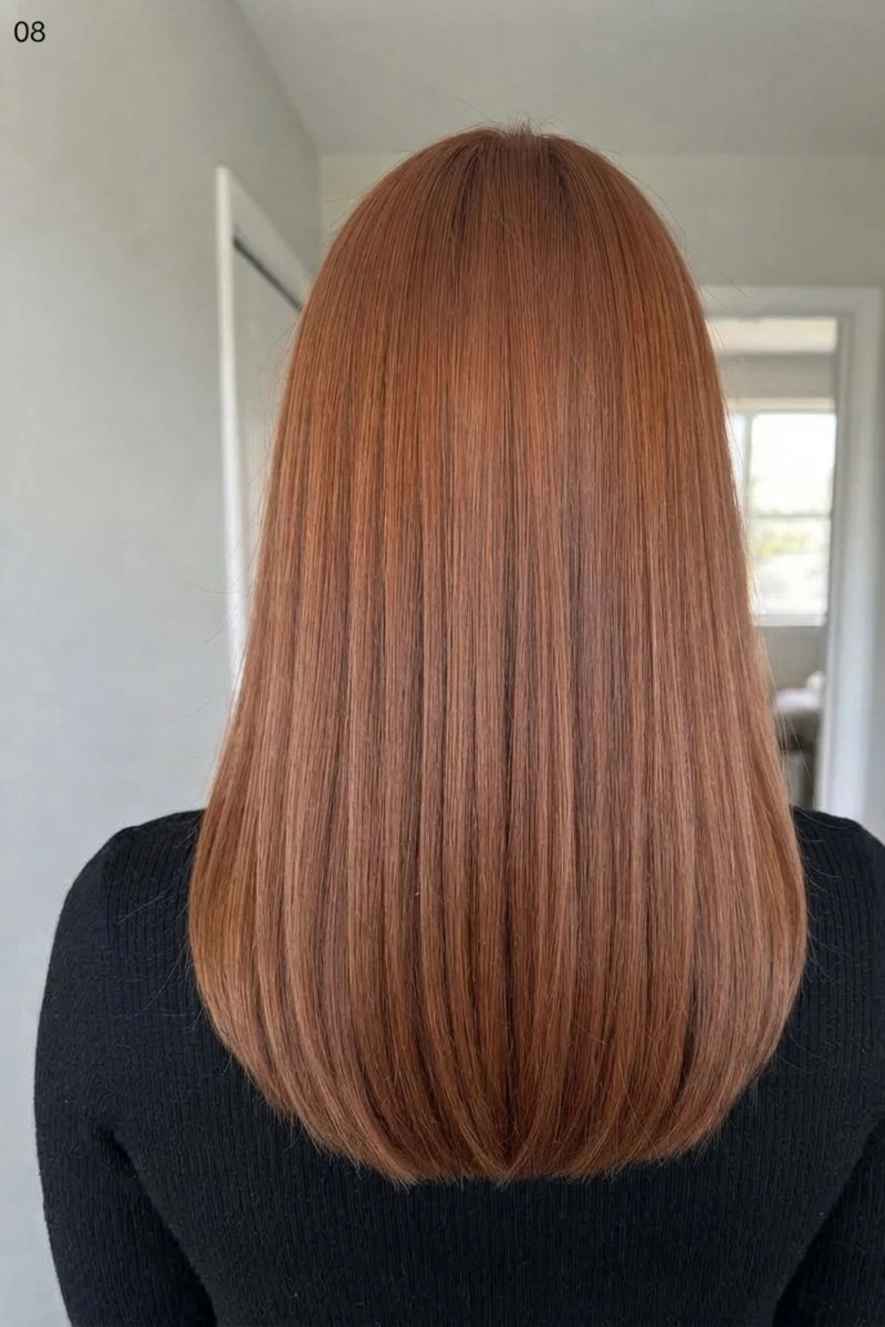 Long straight medium copper hair with smooth dimensional tone