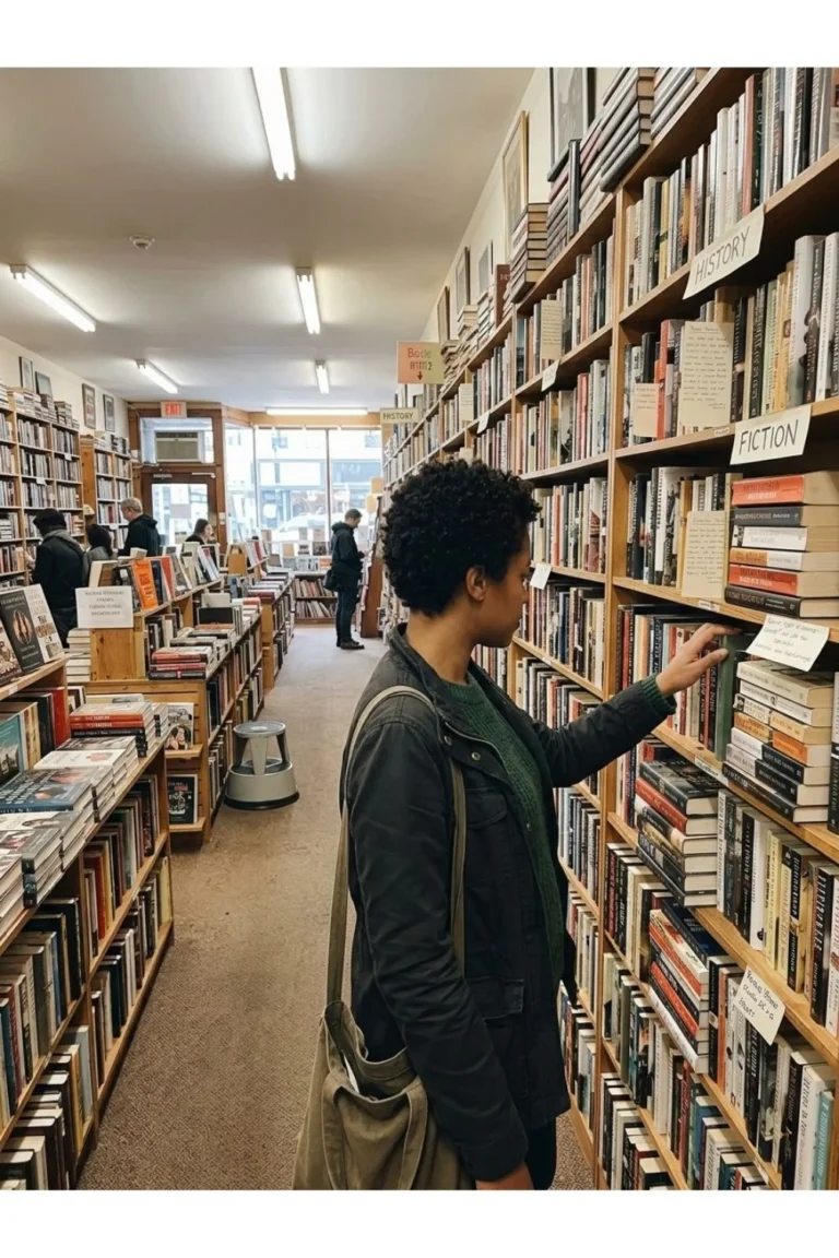A reader selecting a book from a bookstore shelf.