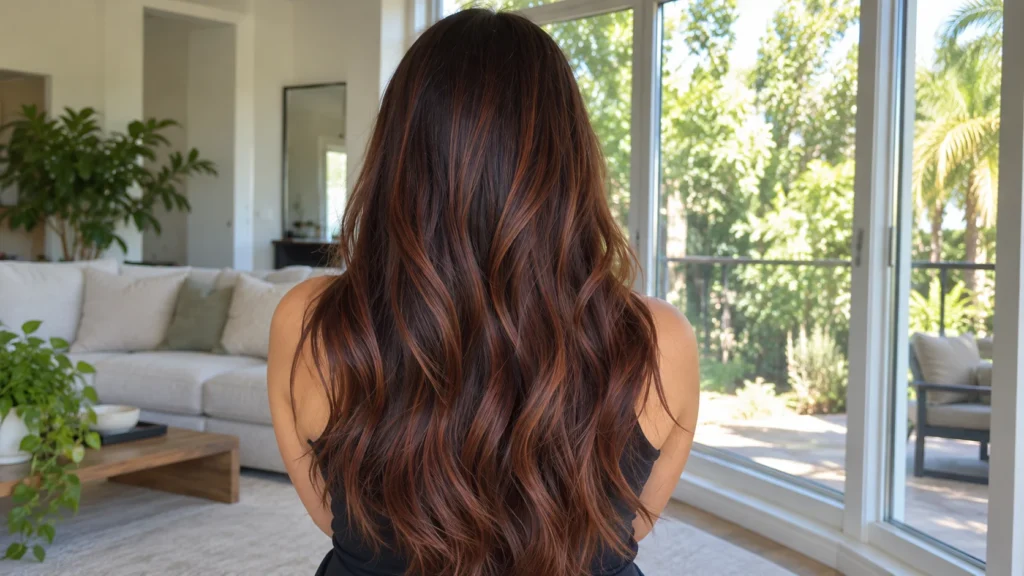 Brunette hair with soft auburn highlights and loose waves viewed from the back