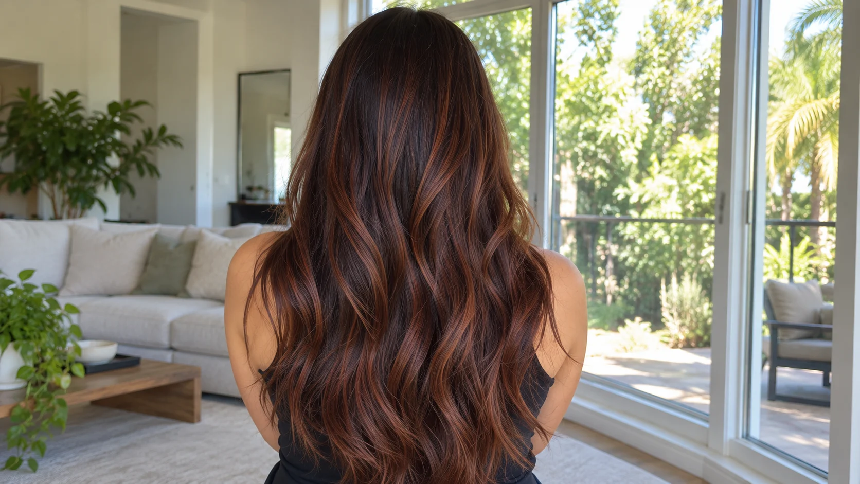 Brunette hair with soft auburn highlights and loose waves viewed from the back