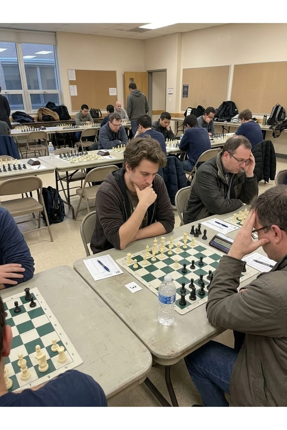 Several adults analyzing a chessboard at a public chess event.