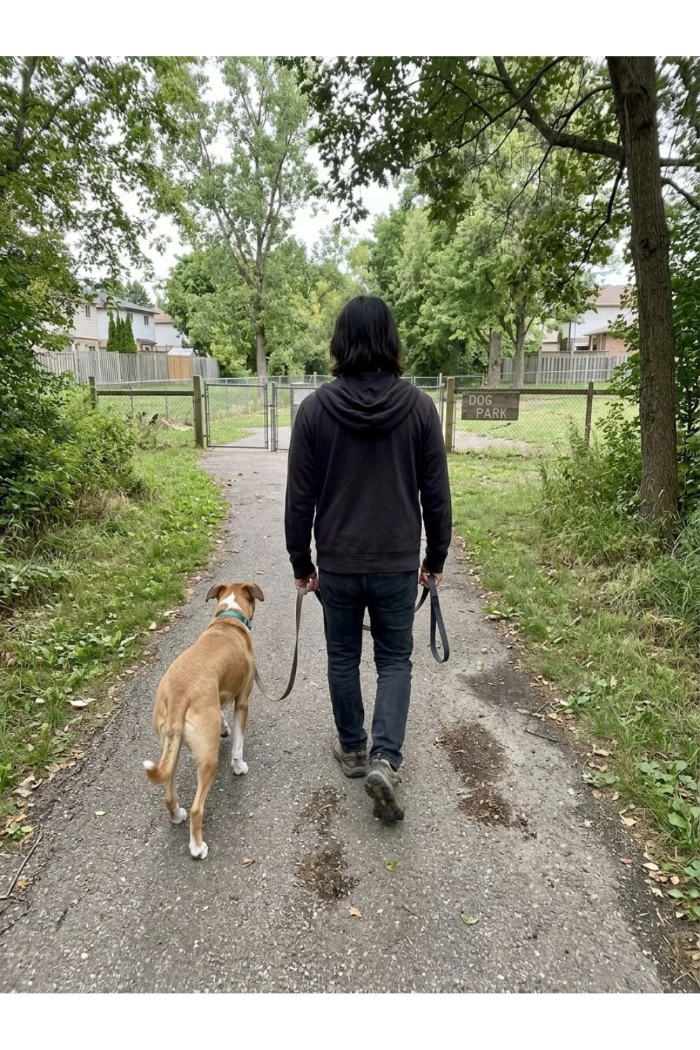 An adult walking a tan dog along a shady neighborhood trail.