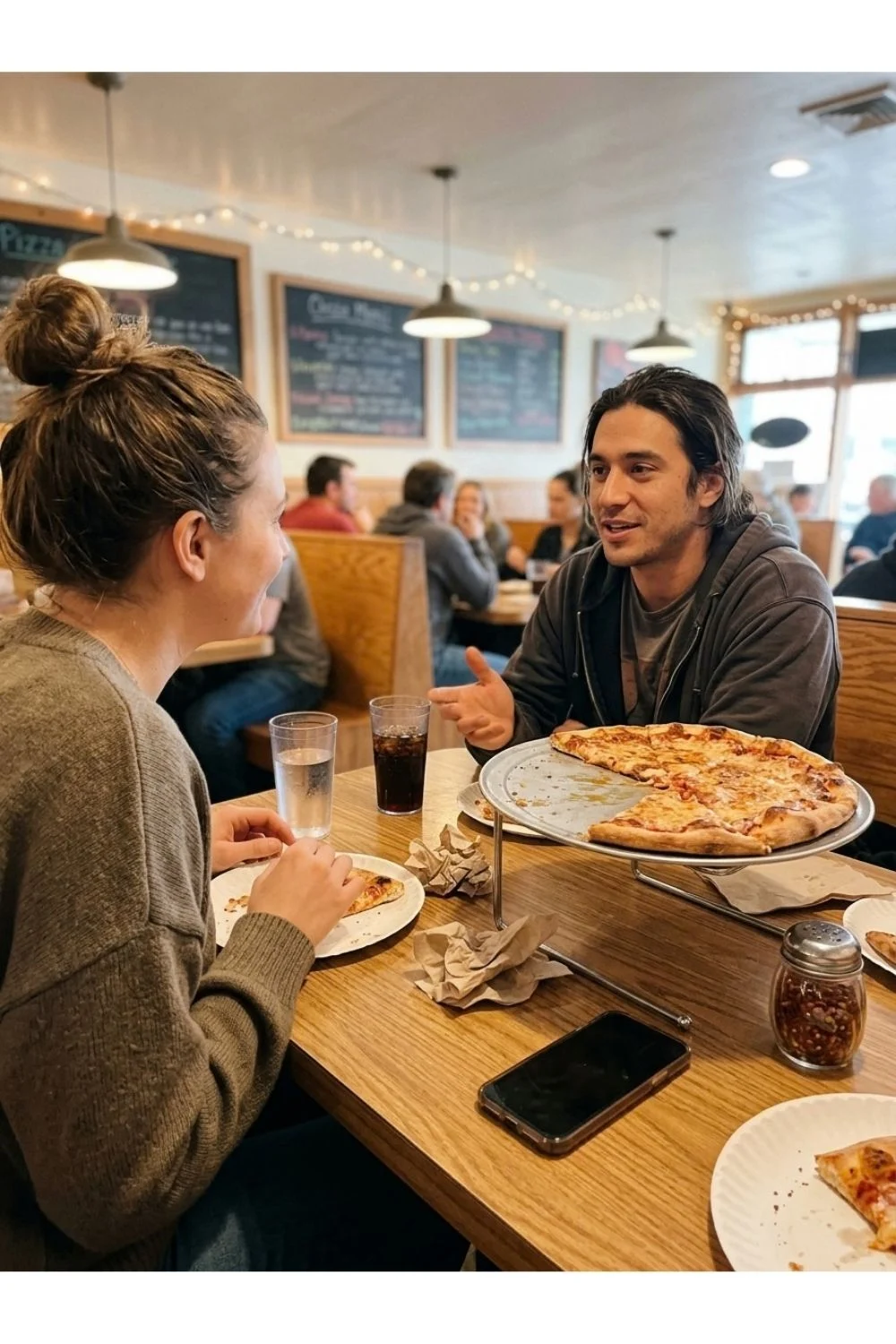 Two adults eating pizza and talking at a casual restaurant.