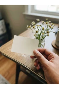 A hand holding a blank greeting card near white flowers in a vase.