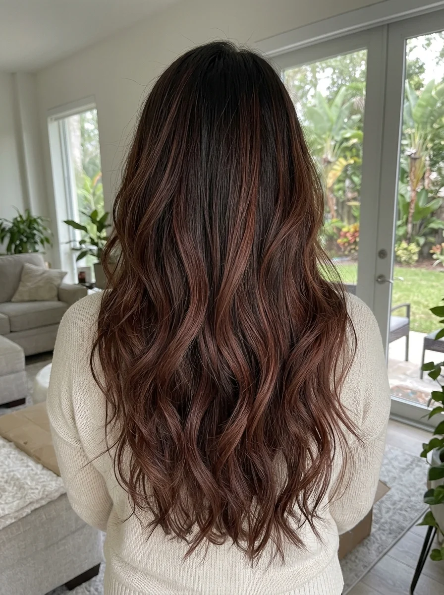 Rich brunette hair with cascading auburn balayage through long loose waves