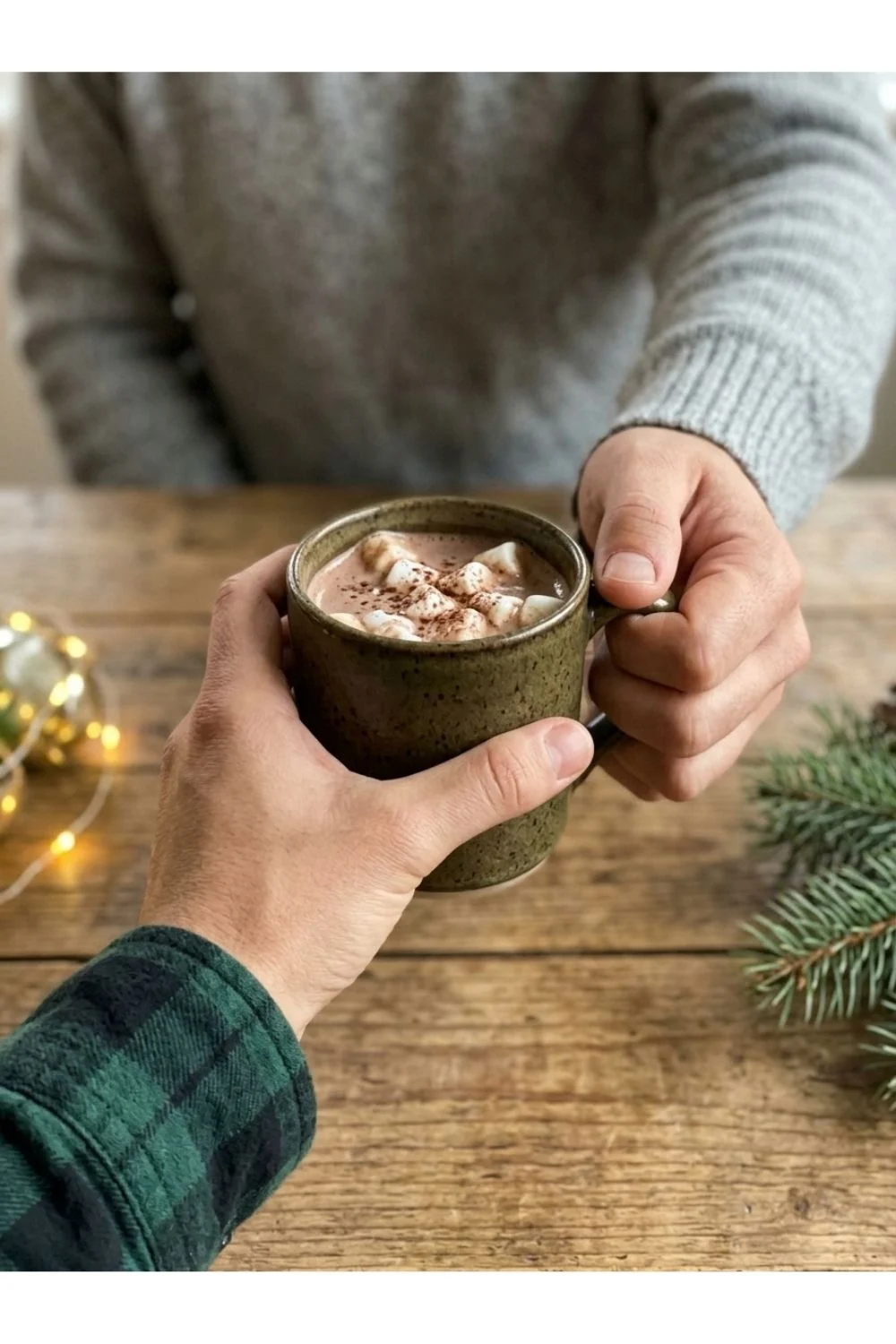 Hands sharing hot drinks beside a small evergreen decoration.