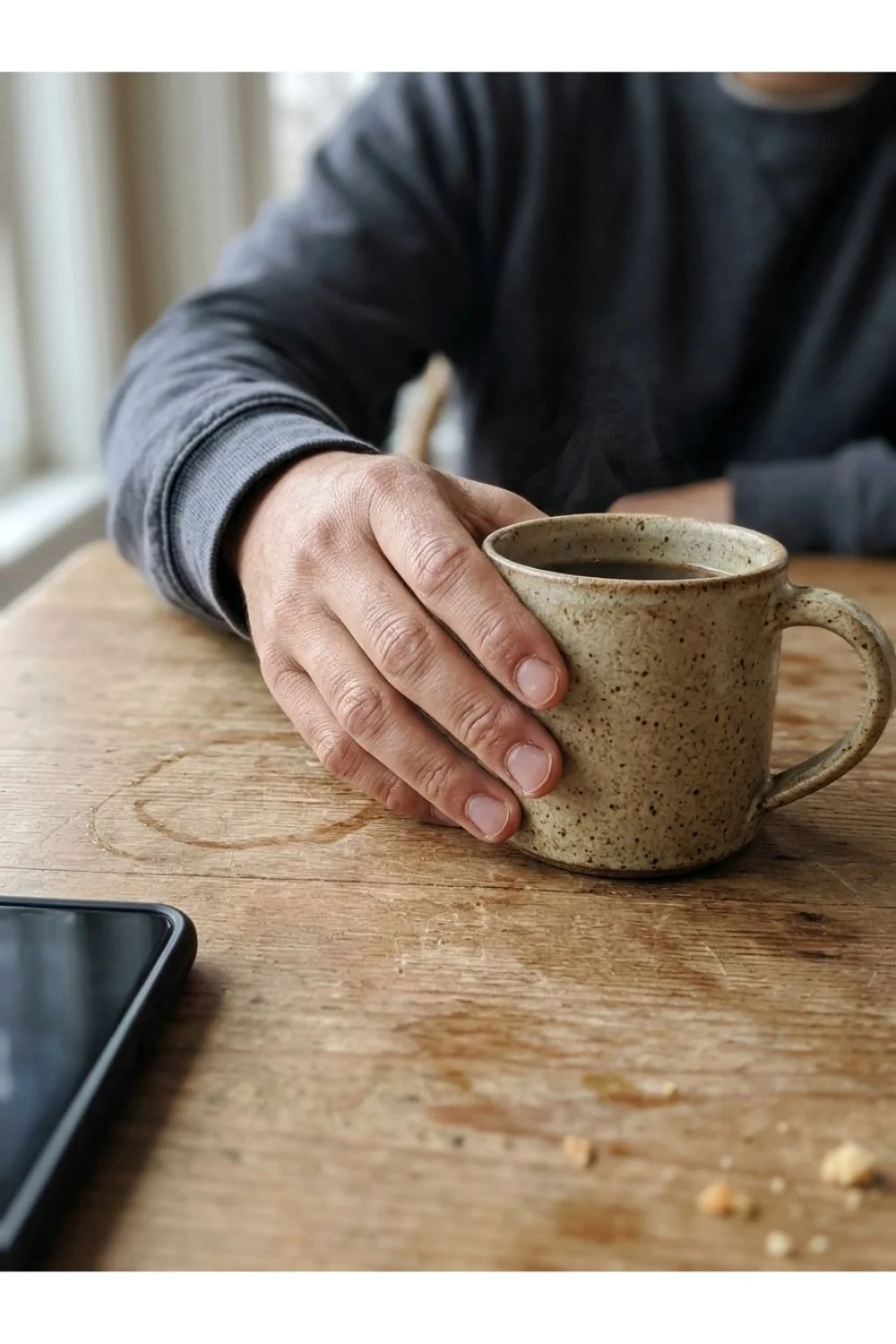 An adult holding a ceramic coffee mug at a worn wooden table with a phone nearby.