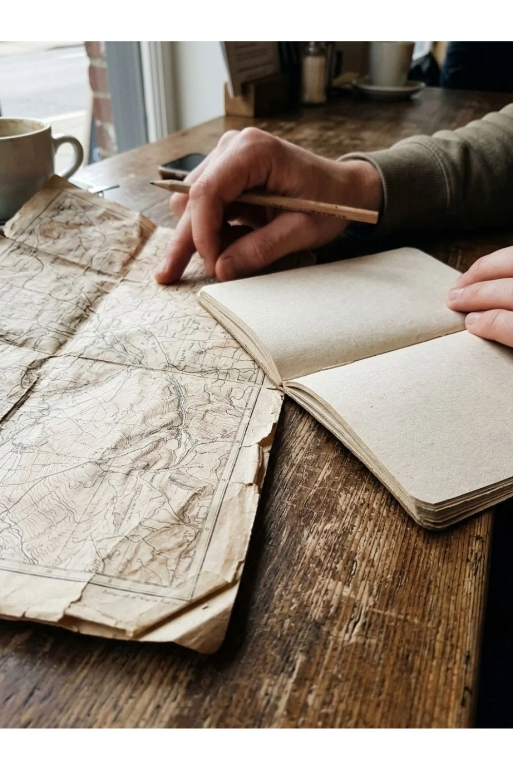 A hand making travel notes beside a folded map.