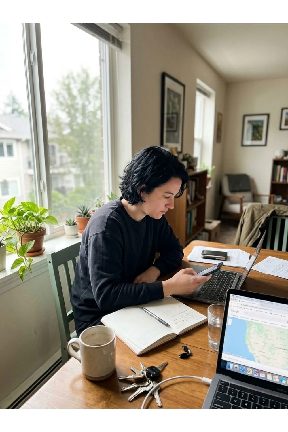 An adult writing notes at a desk with a laptop and coffee mug.