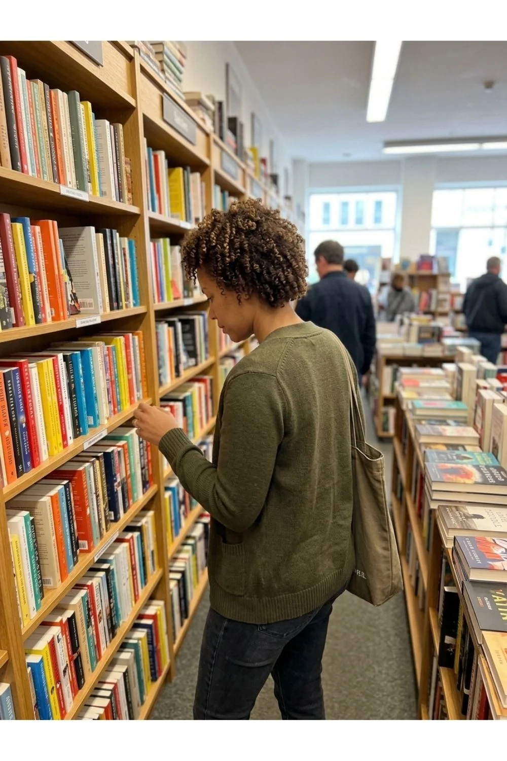 A reader browsing a crowded independent bookstore.