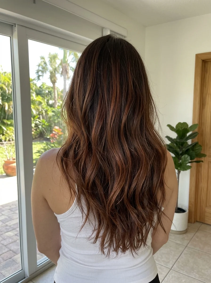 Soft subtle auburn balayage blended into medium-dark brunette hair