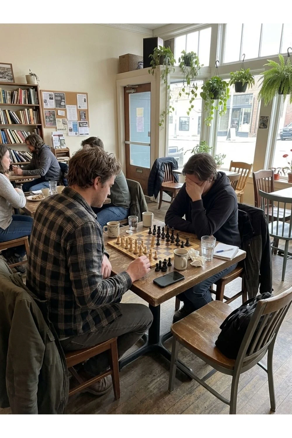 Adults playing chess at a small cafe table.