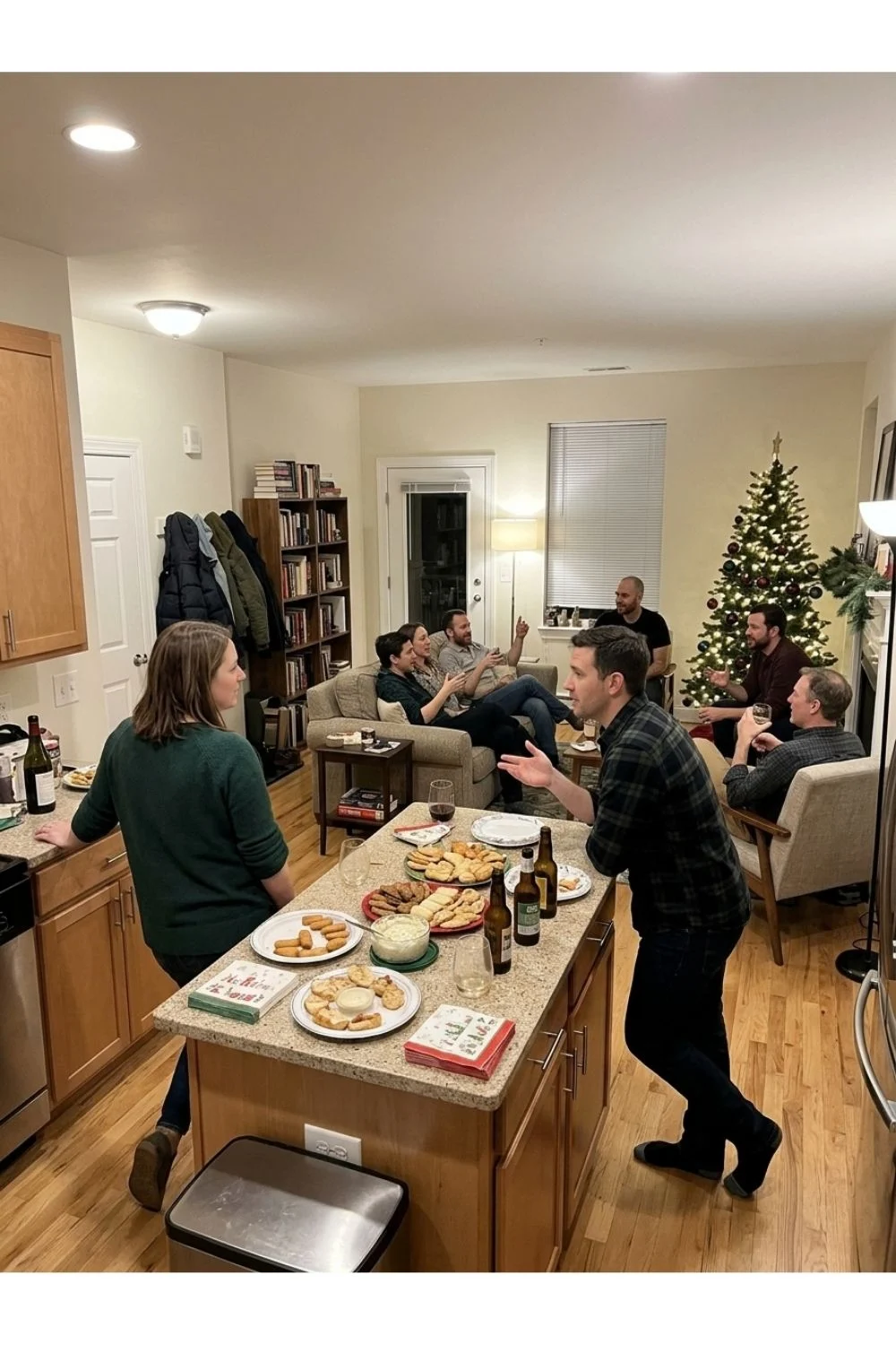 Adults gathered around snacks near a decorated Christmas tree in a home.