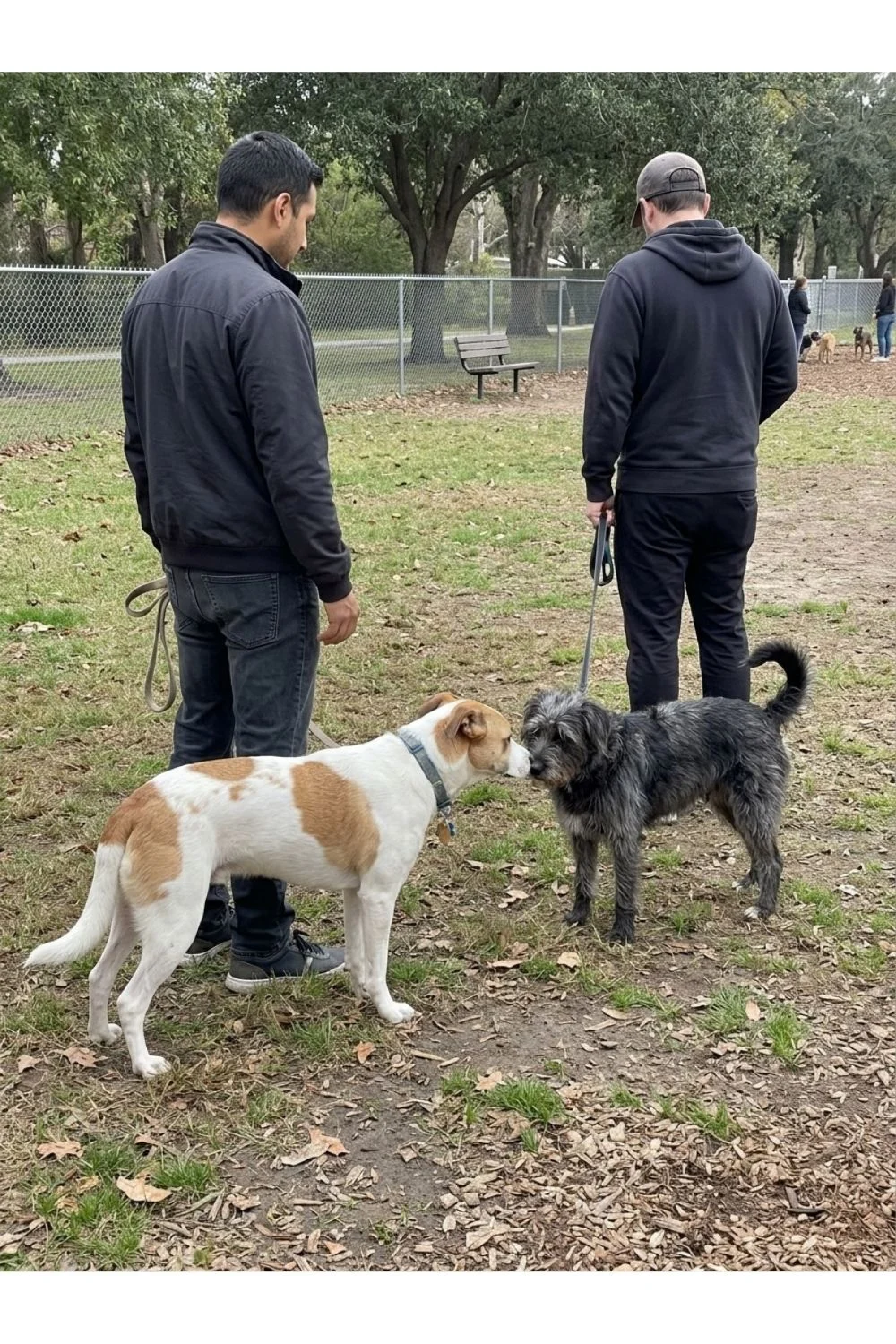 Two dog owners talking as their dogs meet outdoors.