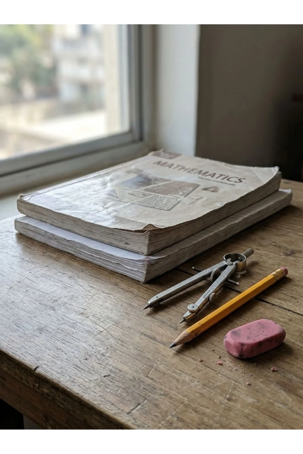 Folded old newspapers and writing tools on a desk beside a window.