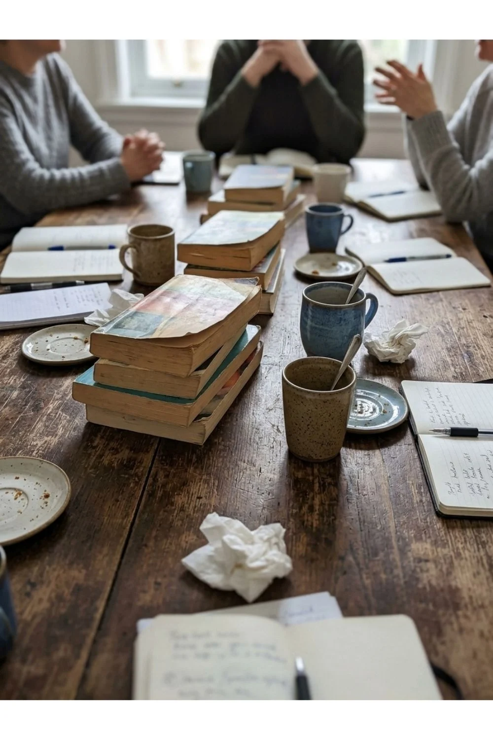 Adults discussing lessons and papers over mugs at a staff table.