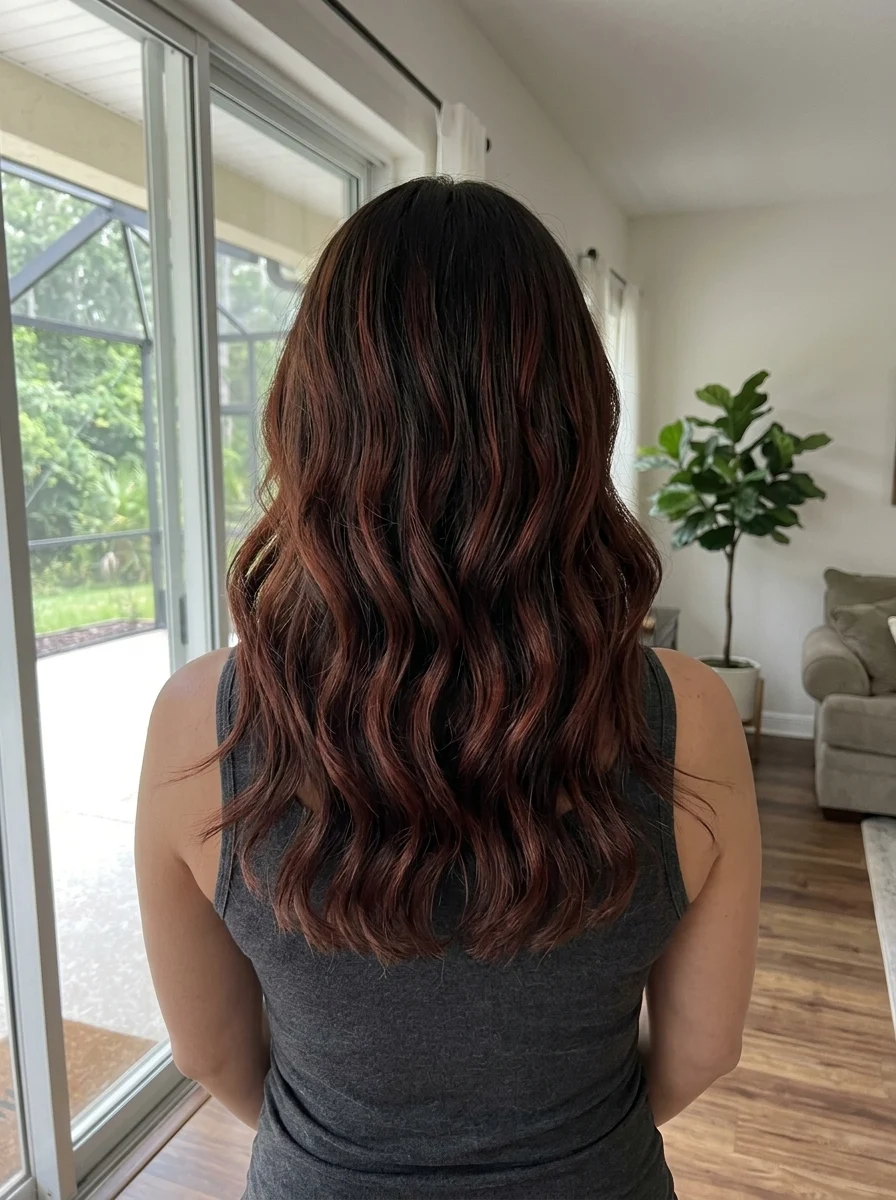 Bold auburn highlights on dark brunette hair with dimensional waves
