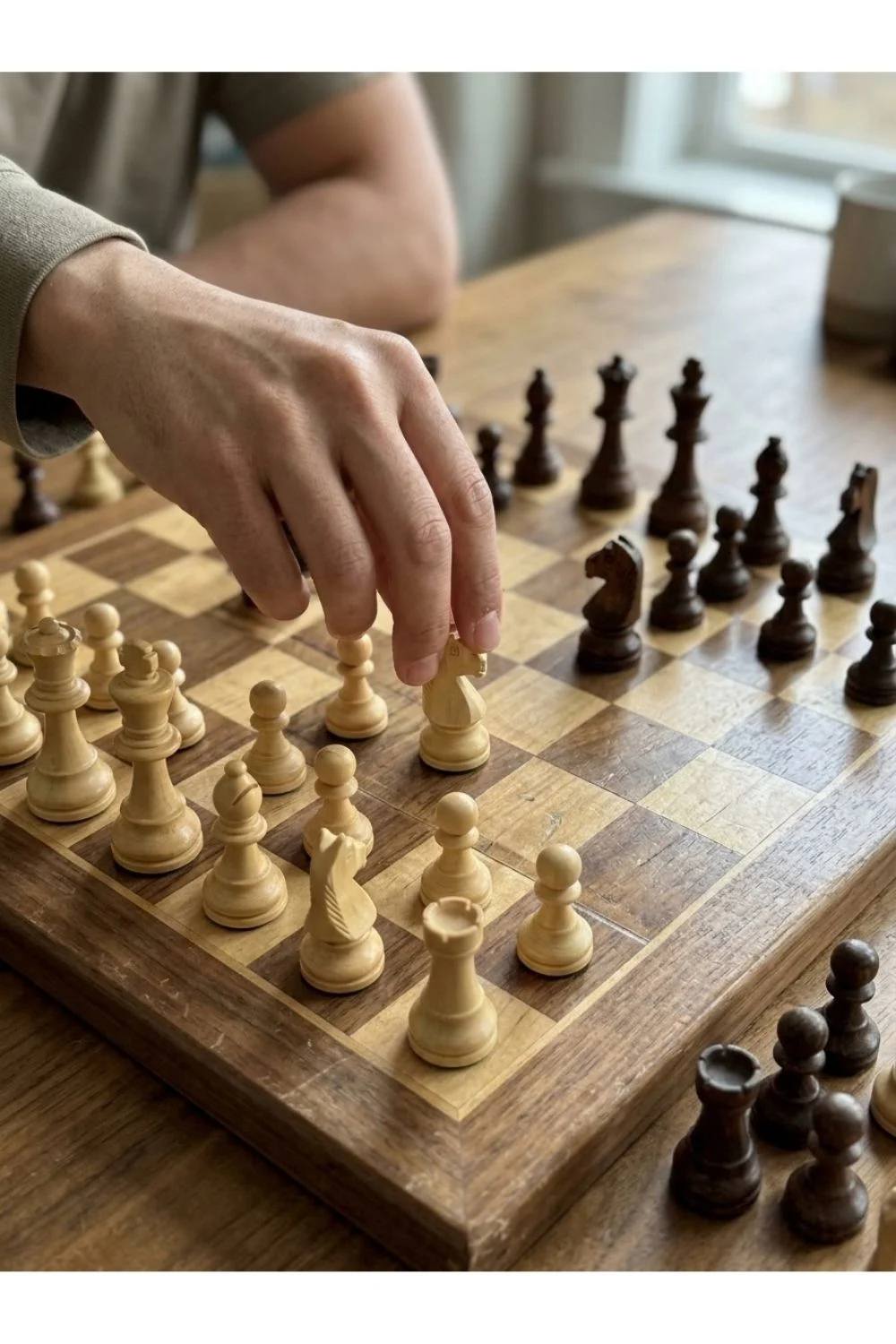 A hand moving a chess piece on a wooden board.