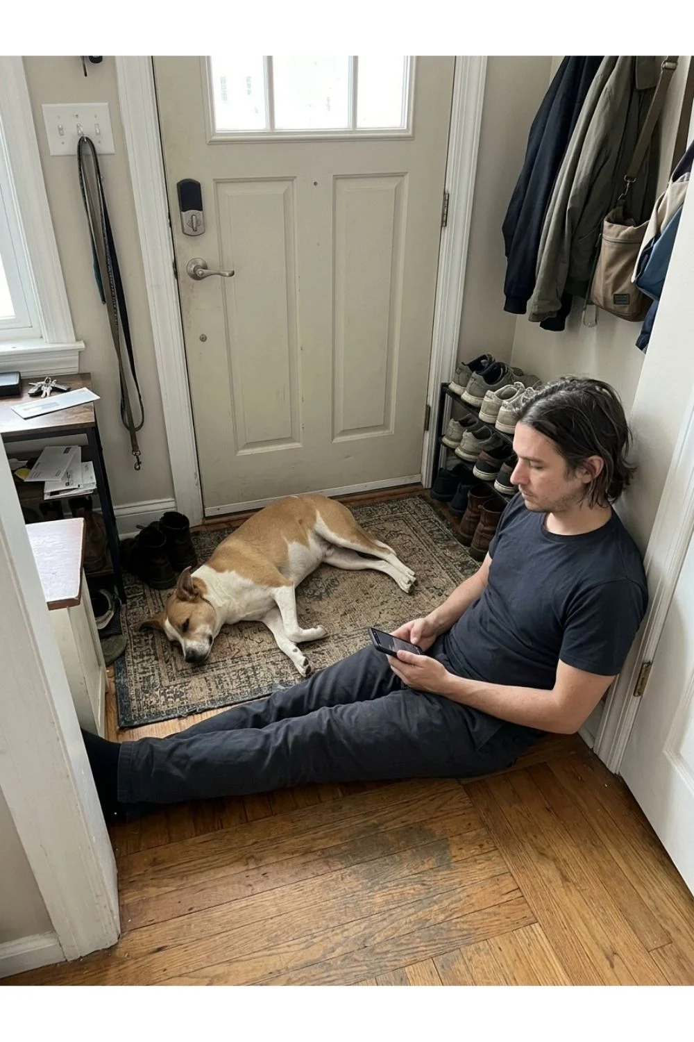 An adult sitting on the floor beside a tan dog near the front door.