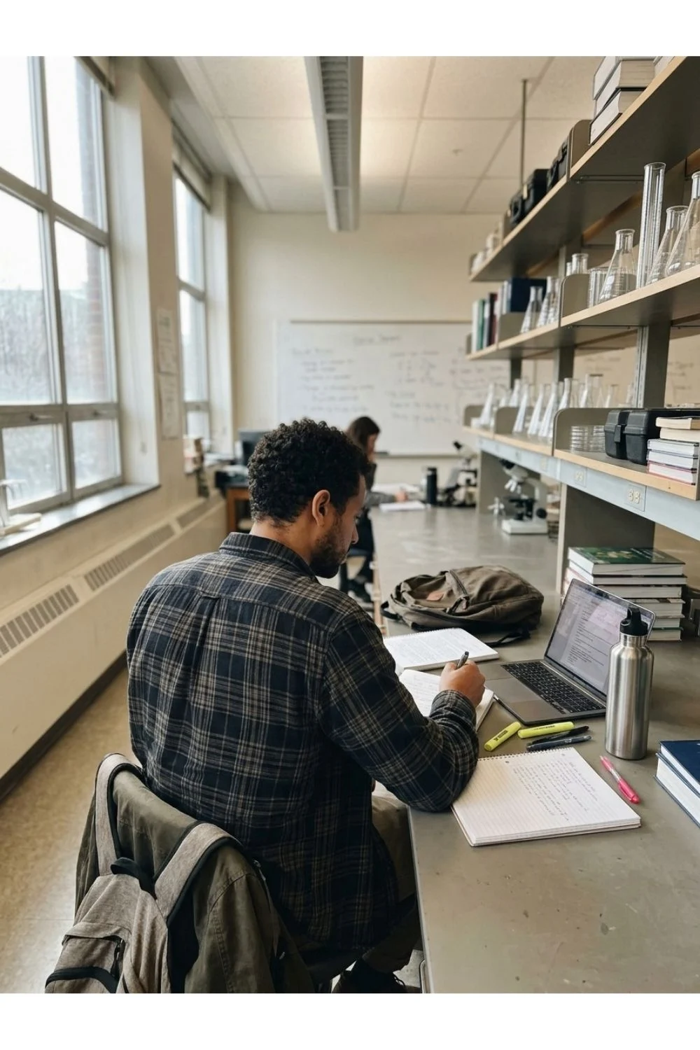 An adult writing in a science or education reading room.