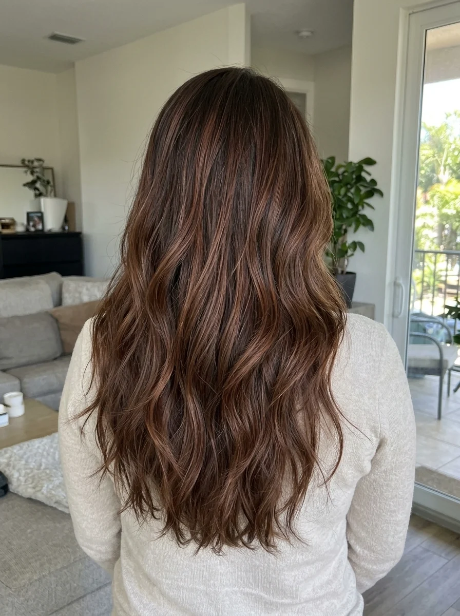 Medium brown hair with soft auburn dimension and natural waves