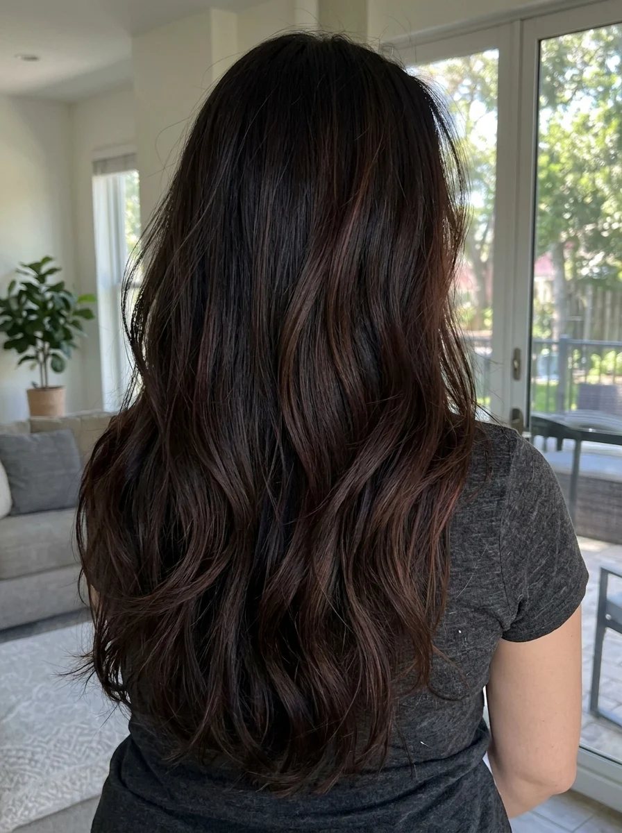 Near-black brunette hair with barely-there auburn warmth