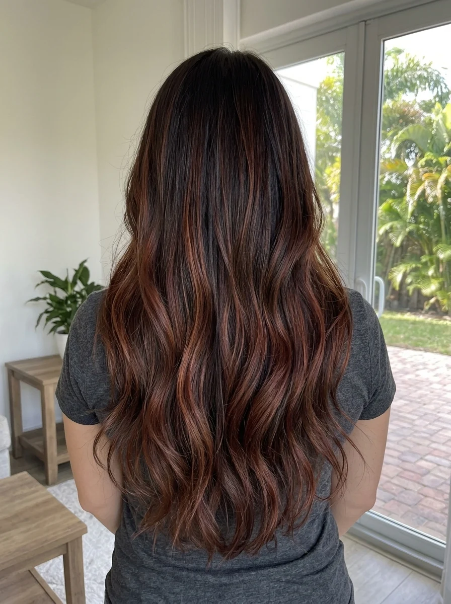 Long brunette waves with auburn highlights through the mid-lengths and ends