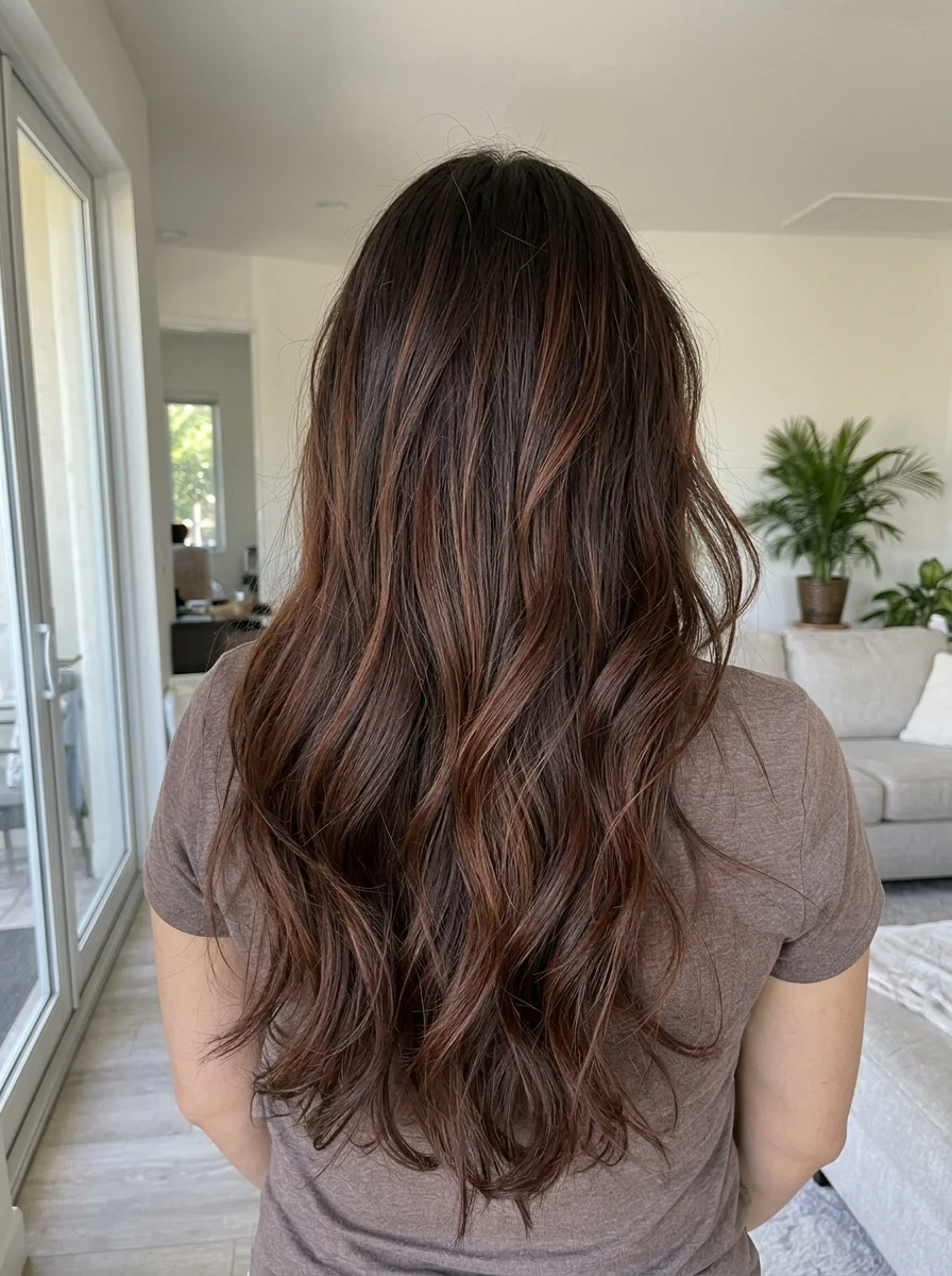 Medium brunette hair with sunlit auburn balayage and soft waves