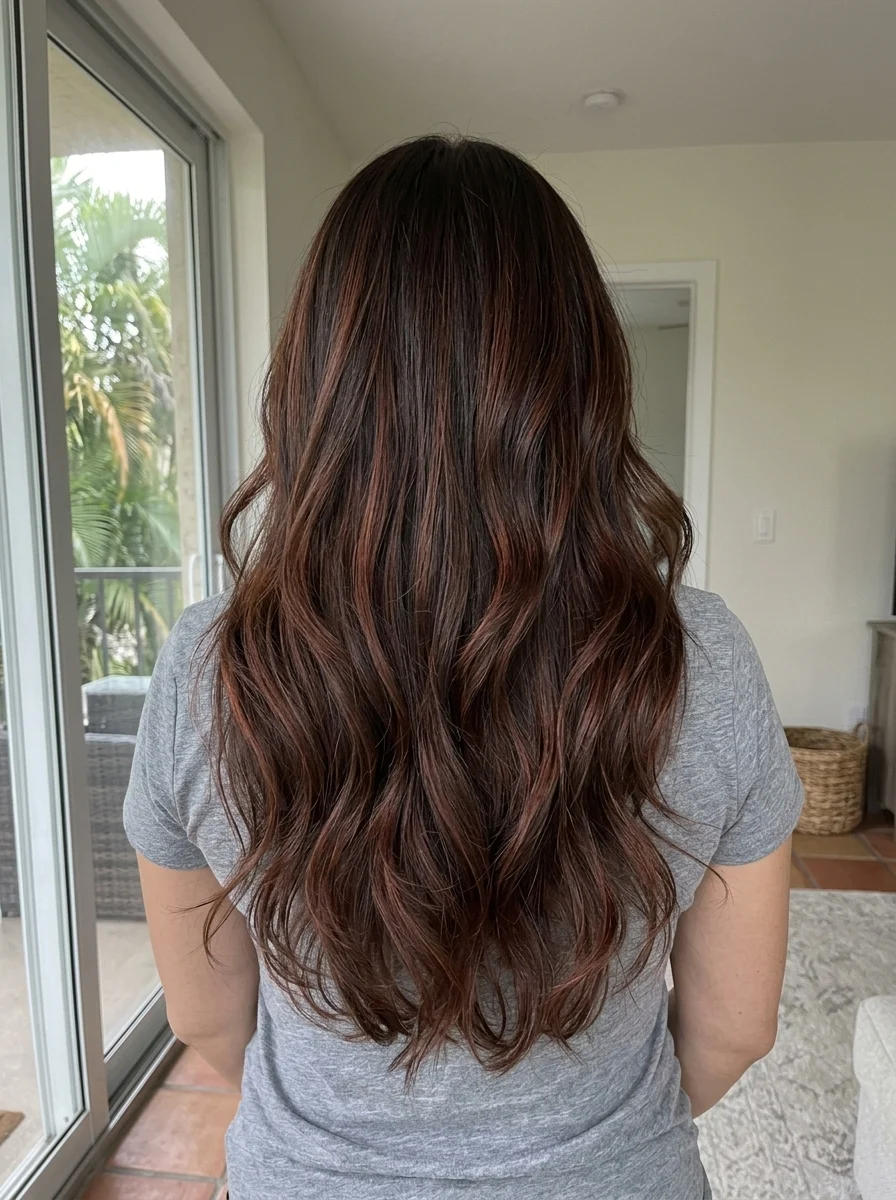 Chocolate brown hair with fine auburn highlights woven throughout