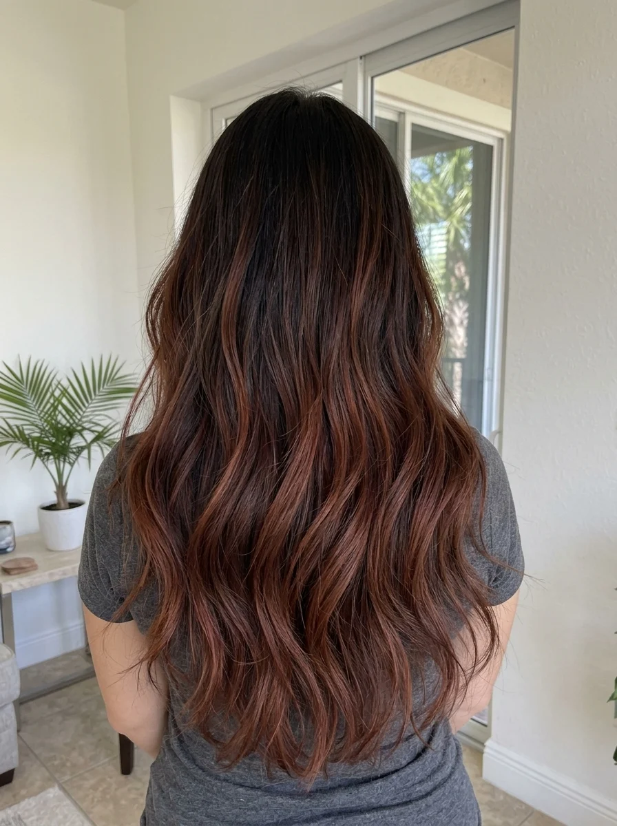 Dark brunette roots melting into auburn balayage through the lengths