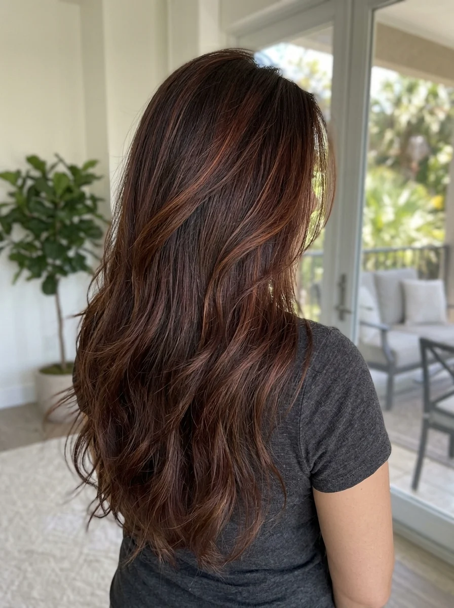 Brunette hair with soft auburn dimension through the front layers and crown