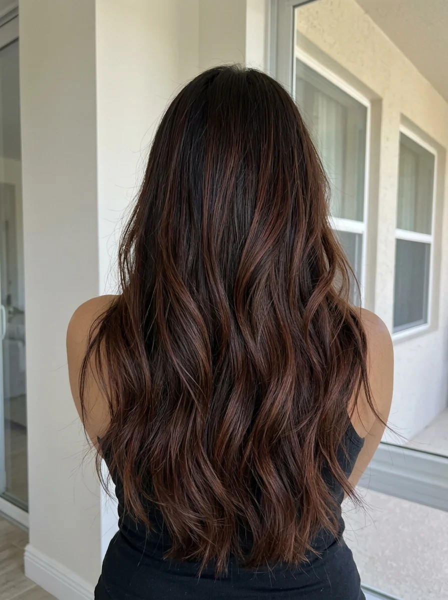 Long brunette hair with warm auburn dimension through soft waves