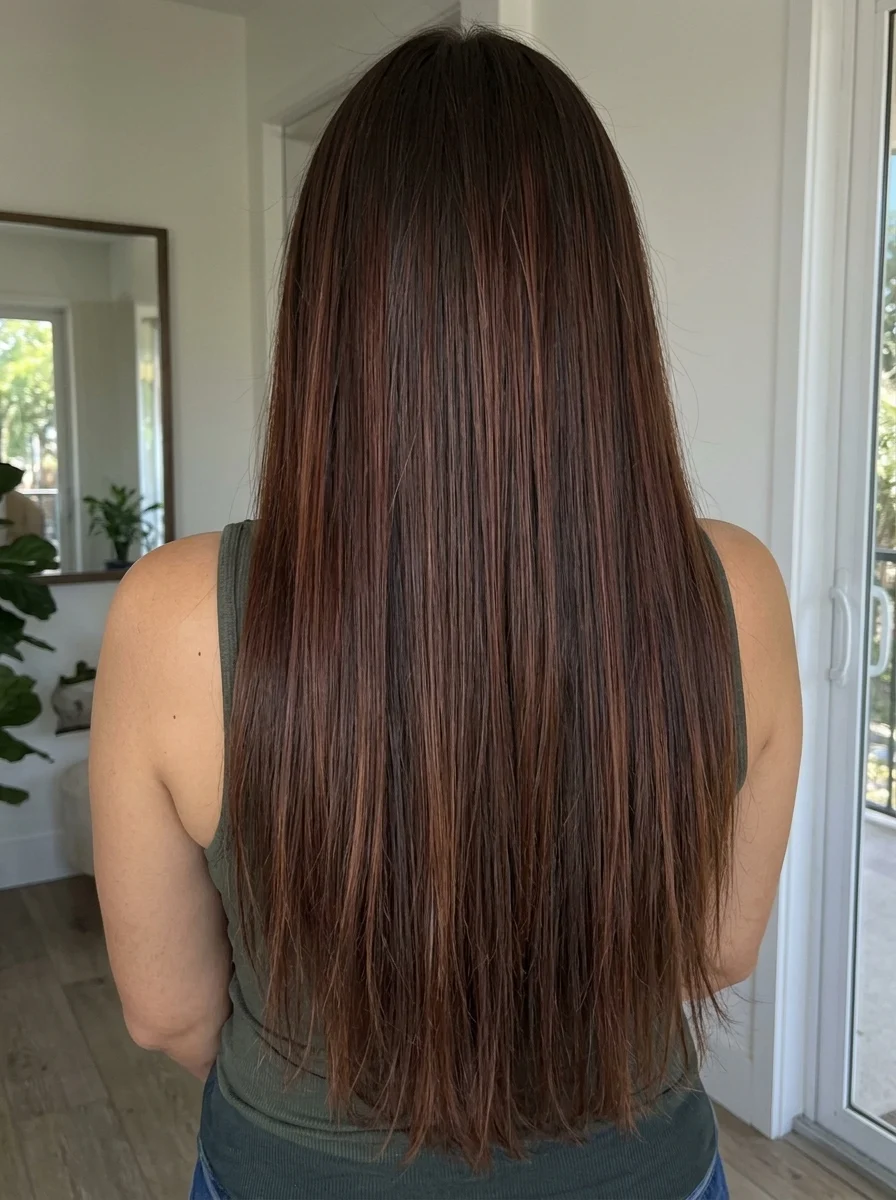 Straight brunette hair with a subtle auburn undertone and fine dimension