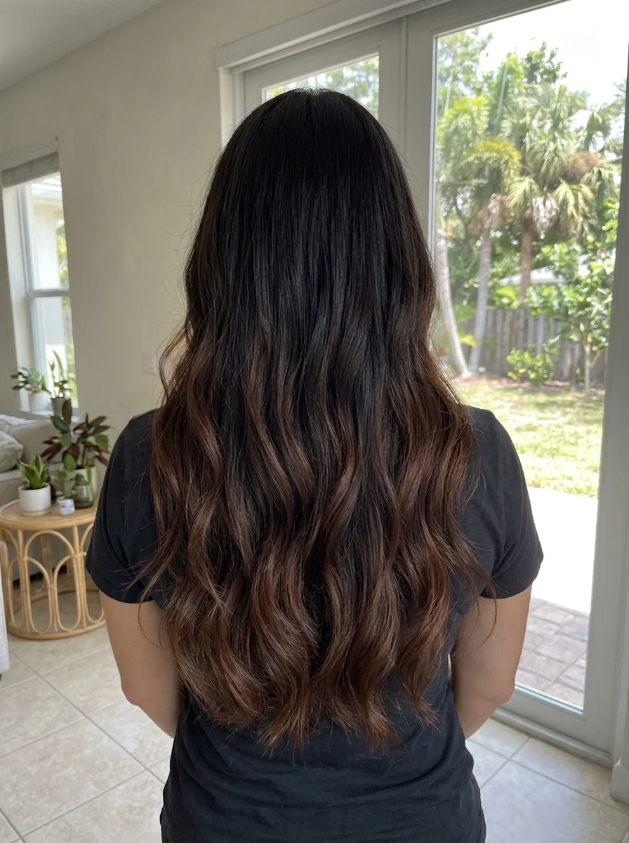 Dark brunette hair transitioning into soft auburn ombre through the lower lengths
