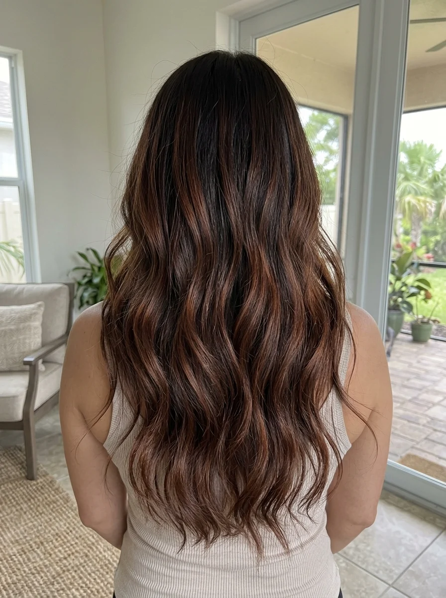 Chocolate brunette hair with warm auburn balayage and natural waves
