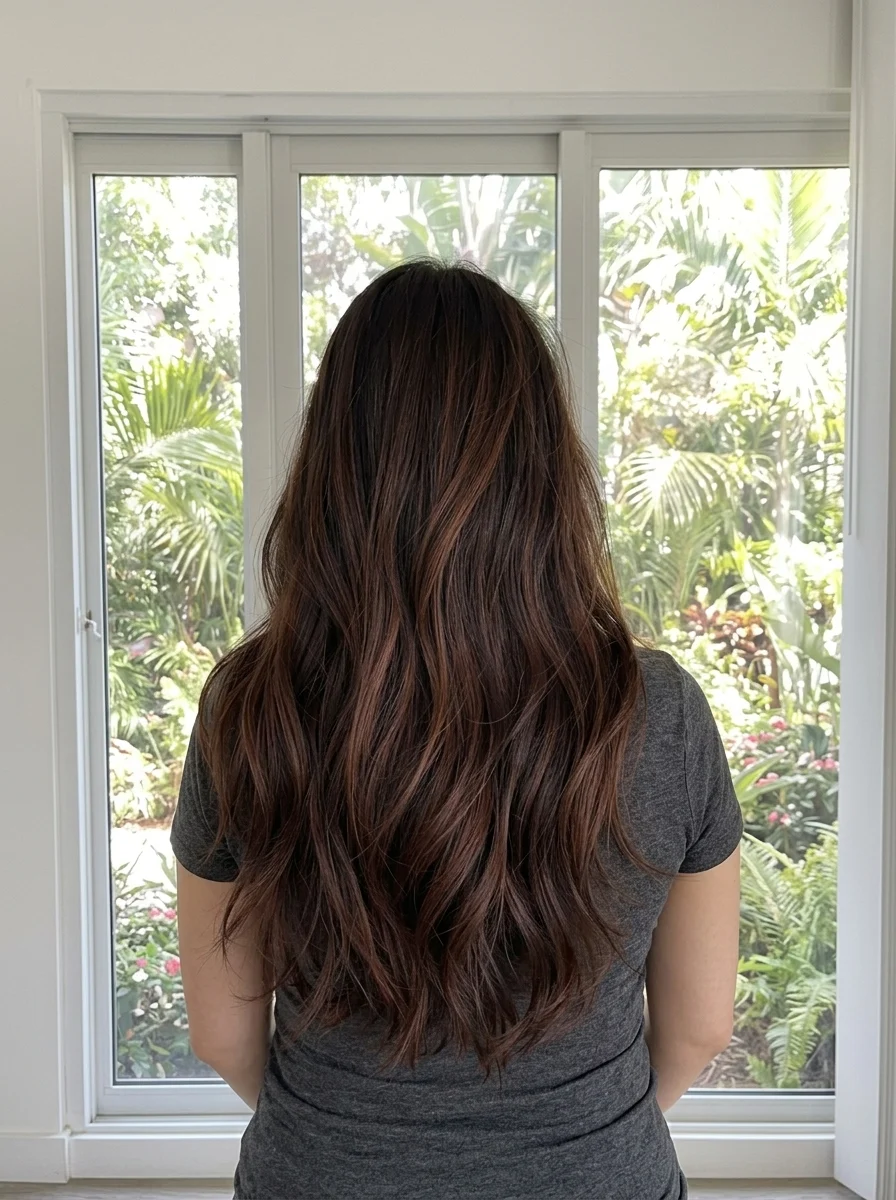 Dark brunette hair with subtle chestnut-auburn balayage