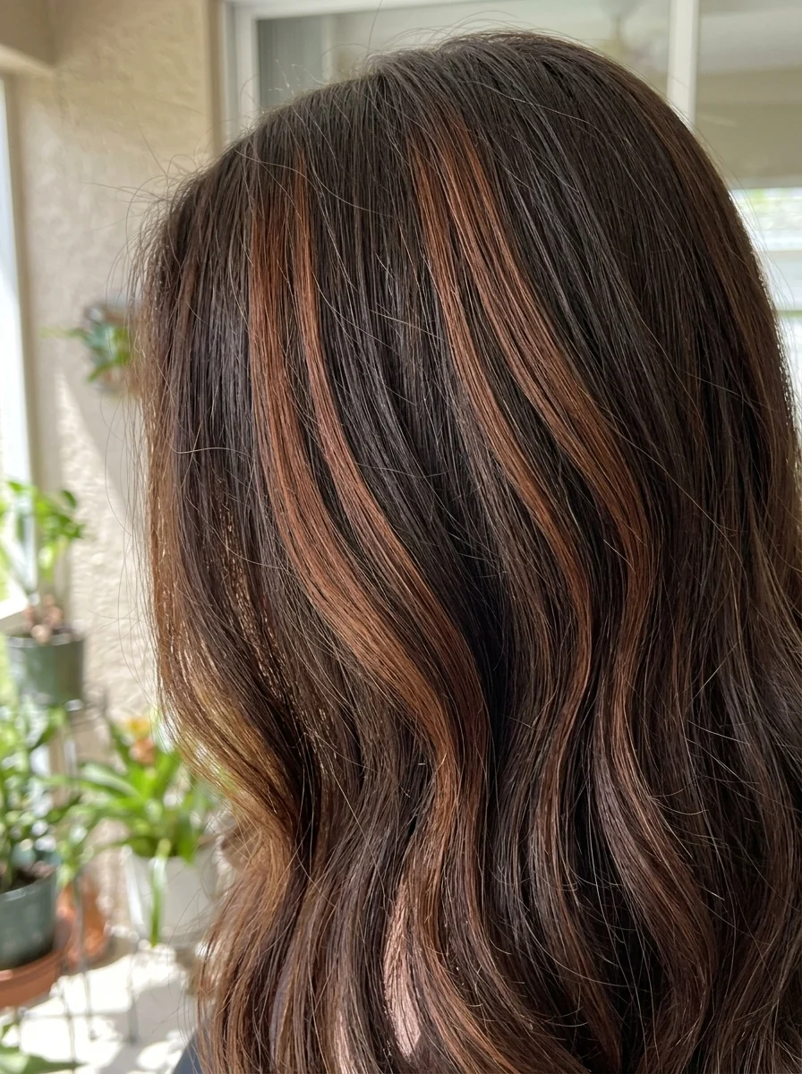 Close detail of auburn ribbons blended through brunette hair